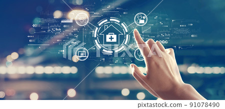 Telehealth theme with hand pressing a button 91078490