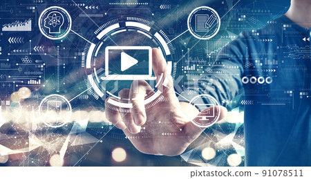 Webinar concept with a man on city background 91078511
