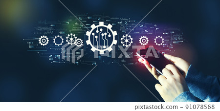 Automation concept with person using smartphone Automation concept with person using smartphone 91078568