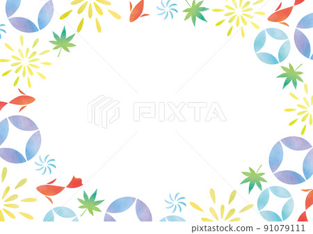 Watercolor summer Japanese pattern morning glory, fireworks and goldfish frame Watercolor summer Japanese pattern morning glory, fireworks and goldfish frame 91079111