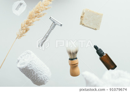 set for shaving with metal safe razor, wooden brush and soap. 91079674