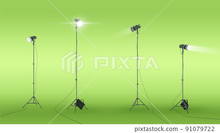 Photo lighting. Professional photo studio strobe light isolated on green background. Realistic spotlight 3D. Photo studio and stage light 91079722