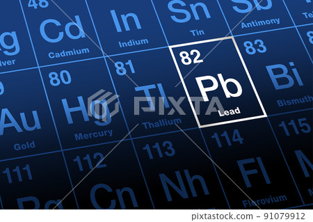 Lead on periodic table. Chemical element with symbol Pb for Latin plumbum, and with atomic number 82. Soft and malleable heavy metal with low melting point. Neurotoxin that damages the nervous system. 91079912