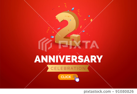 Anniversary birthday 2 years golden background. Happy vector poster 2 anniversary confetti 91080826