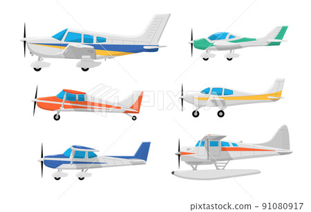 Old airplane propeller icon. Vintage old toy plane set small flat icon set biplane aircraft 91080917