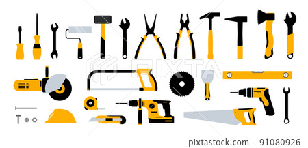 Construction tools hammer repair carpentry background. Electric home tool screwdriver toolkit 91080926