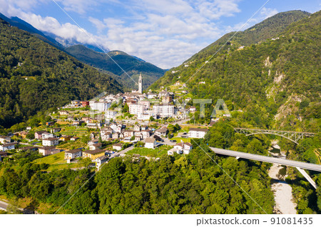 View from drone of alpine township of Intragna, Switzerland View from drone of alpine township of Intragna, Switzerland 91081435