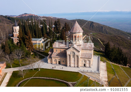 Spring aerial view of Church of St. Nino in Bodbe monastery Spring aerial view of Church of St. Nino in Bodbe monastery 91081555
