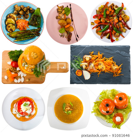 Set of various appetizing dishes with vegetables isolated on white background 91081646