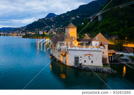 Swiss island castle of Chillon on shore of Lake Leman Swiss island castle of Chillon on shore of Lake Leman 91081880