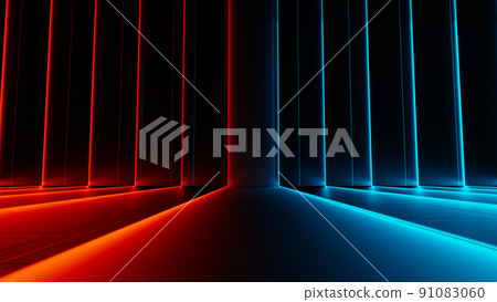 3d render of flash neon and light glowing on dark scene. Speed light moving lines. 91083060