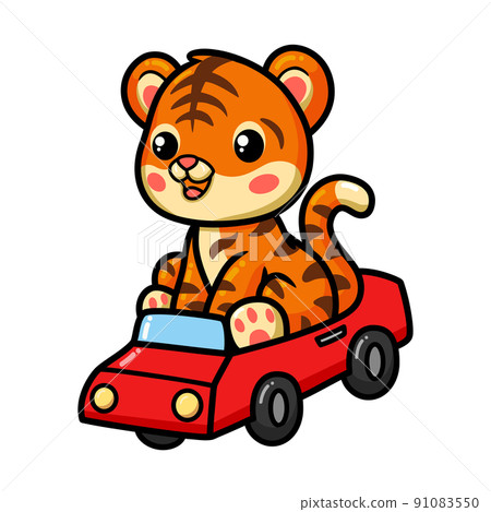Cute baby tiger cartoon driving red car Cute baby tiger cartoon driving red car 91083550