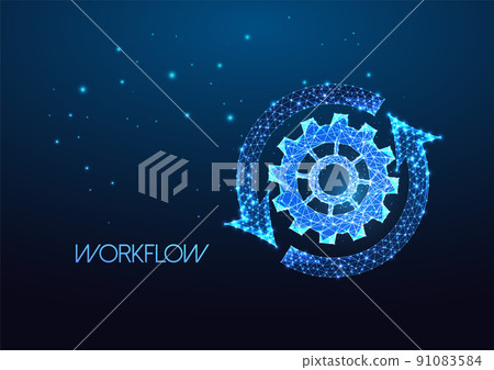 Concept of workflow production with cogwheel, gear and cycle arrows on dark blue background Concept of workflow production with cogwheel, gear and cycle arrows on dark blue background 91083584