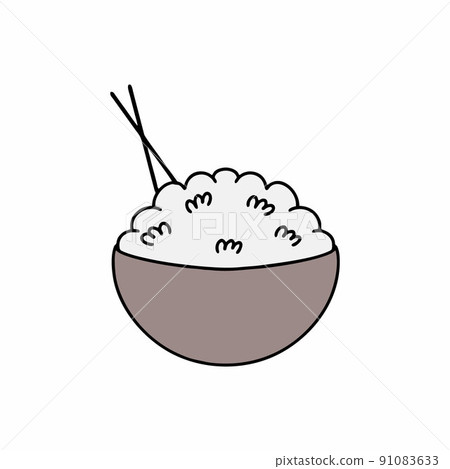 A plate of rice and Japanese chopsticks. Traditional Japanese dish. Vector icon in doodle style. Drawing of rice on a white background. 91083633