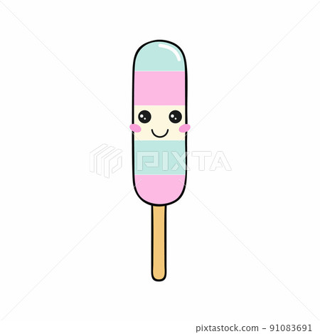Colorful ice cream on a stick. Ice cream with eyes and a smile. Vector illustration in cartoon style. 91083691