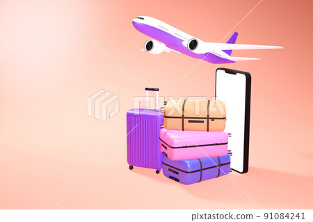 Luggage piled up in front of the phone and planes flying above. Luggage piled up in front of the phone and planes flying above. 91084241
