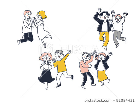A set of men and women who hold hands and bounce their bodies, a comical handwritten person vector, a warm line drawing 91084431