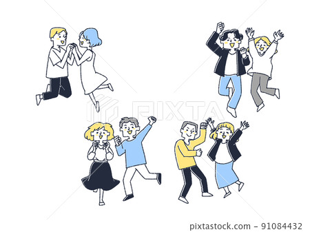 A set of men and women who hold hands and bounce their bodies, a comical handwritten person vector, a warm line drawing 91084432