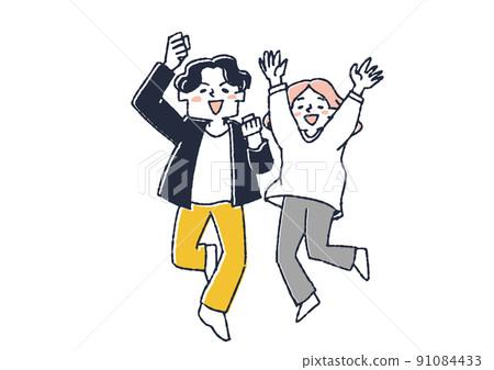 Two people who are happy to jump, men and women who are happy to hold hands and bounce their bodies 91084433