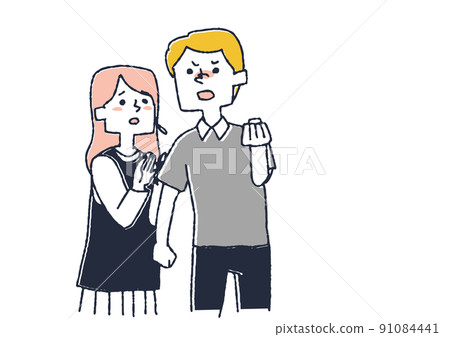 A man who expresses anger and a woman who calms down. A man who expresses anger and a woman who calms down. 91084441