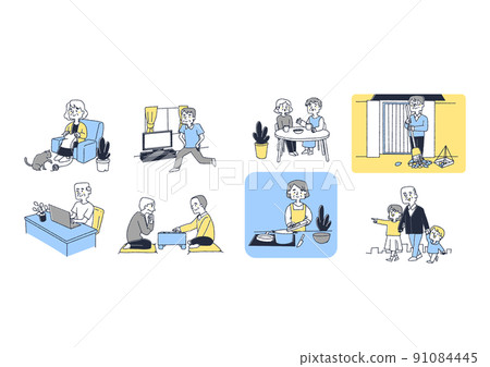 各種老年幸福生活漫畫手寫人物矢量、暖線畫 91084445