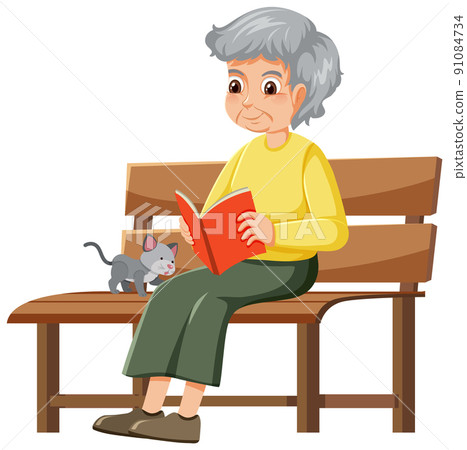 Elderly man reading and sitting on bench Elderly man reading and sitting on bench 91084734