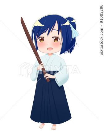 Illustration of a girl wearing a hakama holding a wooden sword. 91085296