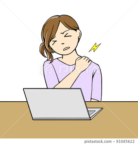 Illustration material of a woman suffering from stiff shoulders in front of a computer 91085622