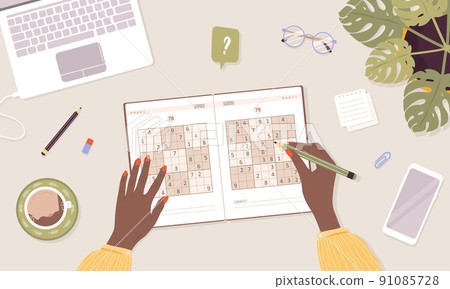 Sudoku game. Learning and leisure concept. African woman solves crossword puzzle. Top view workplace. Task for development of logical thinking and training brain. Vector illustration in cartoon style 91085728