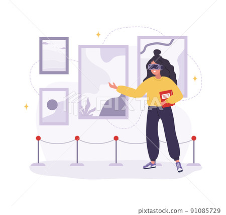 Metaverse and Cyberspace. Woman in VR glasses in museum. NFT art gallery. Virtual vacation or travel concept. Modern technology entertainment. Vector illustration in flat cartoon style 91085729