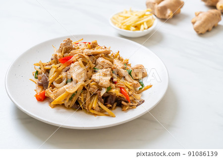 stir-fried chicken with ginger stir-fried chicken with ginger 91086139