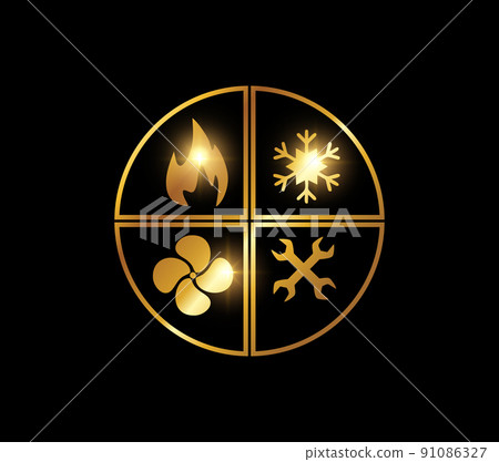 Golden Circle of Flame, Snowflake, Wrench and Fan Sign Golden Circle of Flame, Snowflake, Wrench and Fan Sign 91086327