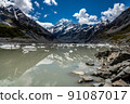 Mount Aoraki Mount Cook seen from Hooker Glacial Lake in Mount Cook National Park, New Zealand 91087017