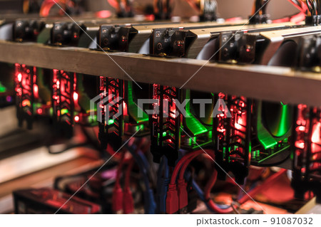 Bitcoin mining farm. GPU for cryptocurrency miner. Bitcoin mining farm. GPU for cryptocurrency miner. 91087032