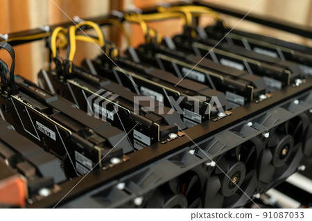 Bitcoin mining farm. GPU for cryptocurrency miner. Bitcoin mining farm. GPU for cryptocurrency miner. 91087033