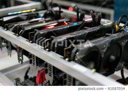 Bitcoin mining farm.  GPU for cryptocurrency miner. 91087034