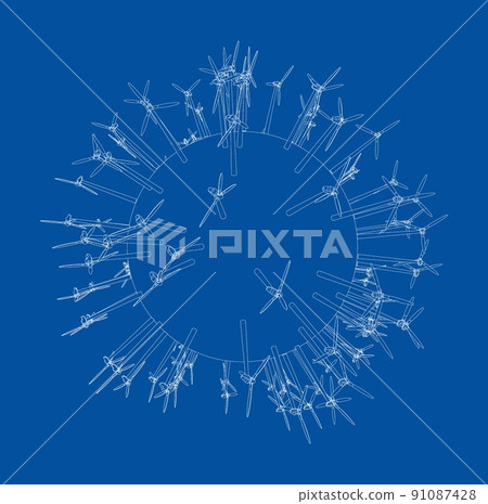 Electric wind turbines on round planet. Vector 91087428