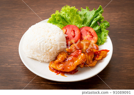 Fried fish topped by 3 flavors chili sauce with rice Fried fish topped by 3 flavors chili sauce with rice 91089091