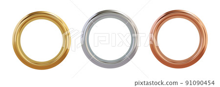 Set of gold, cilver and brass metal grommet rings for paper, card, tag, sticker or hanger isolated on white background 91090454