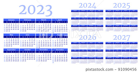 Set of monthly calendar templates for 2023, 2024, 2025, 2026 years. Week  starts on Monday. Page layout calendar in a minimalist style. Vertical  table grid. Agenda organizer. Vector illustration Stock Vector