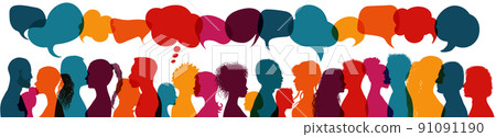 Dialogue group of diverse multiethnic multicultural people. Talking and share ideas. Communication concept. Crowd talking. Silhouette heads diversity people in profile. Speech bubble 91091190
