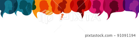 Speech bubble.Silhouette heads people in profile.Diversity people.Talking dialogue and inform.Communicate group of multiethnic people who talk and share ideas.Community.Speak.Social 91091194