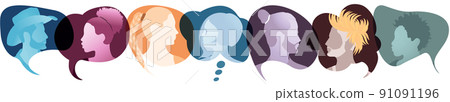 Silhouette heads people in profile.Diversity people.Speech bubble.Talking dialogue and inform.Communicate group of multiethnic people who talk and share ideas.Community.Speak.Social 91091196