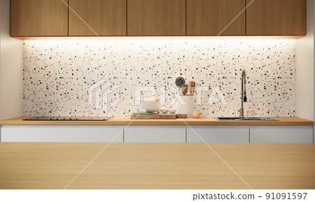 3d rendering modern japandi kitchen room interior design and decoration with wooden counter and cabinets. 3d rendering modern japandi kitchen room interior design and decoration with wooden counter and cabinets. 91091597