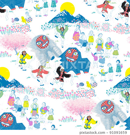 Seamless pattern illustration of people enjoying the traditional Korean festival "Bongsan Talchum". The traditional Korean attraction "Mask Dance Drama of Bongsan". Seamless pattern illustration of people enjoying the traditional Korean festival "Bongsan Talchum". The traditional Korean attraction "Mask Dance Drama of Bongsan". 91091659