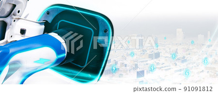 EV electric vehicle battery charging with a city charging point icon on white background EV electric vehicle battery charging with a city charging point icon on white background 91091812