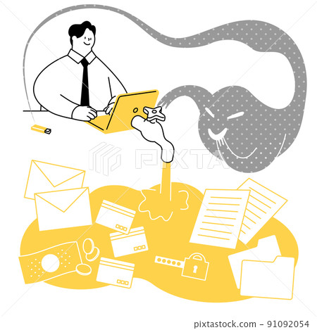 Vector illustrations where information is leaked due to unauthorized access. 91092054