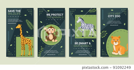 Wildlife Park Animals Social Media Stories Template Flat Cartoon Background Vector Illustration 91092249