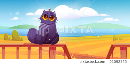 Cute cat sit on terrace railing on rural landscape 91092253