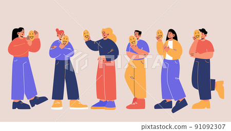 Sad male and female characters hiding face at mask 91092307